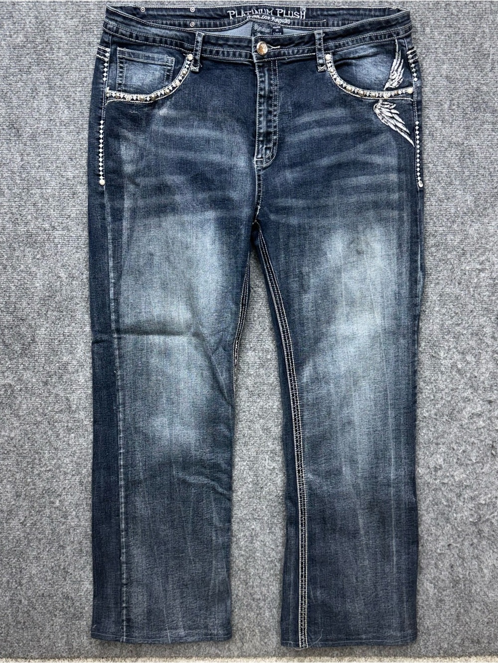 Platinum Plush Denim Bootcut Stretch Jeans Skull Wings Size 23 38x31 HEMMED